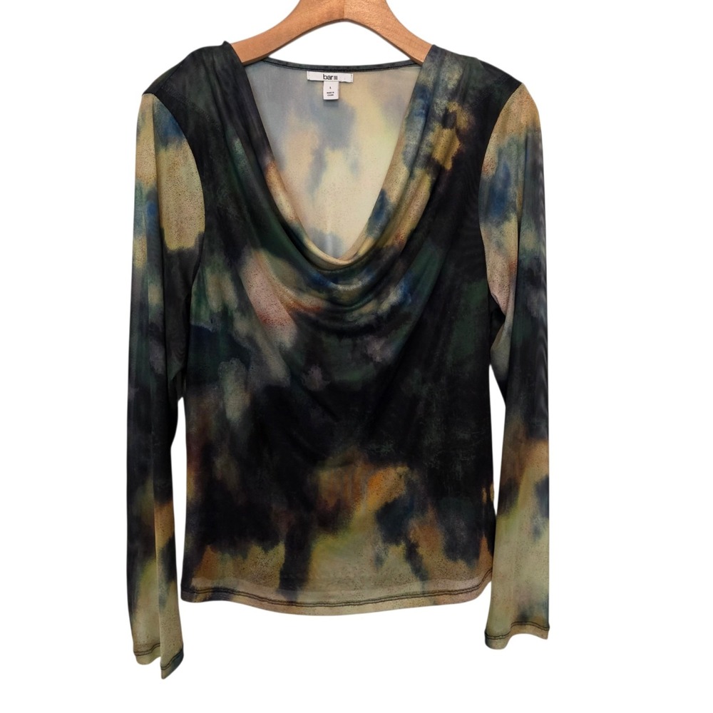 BAR III‎ Trendy Printed Mesh Cowl Neck Top Long Sleeve Sheer Size L
